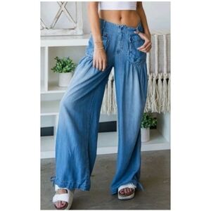 Oli & Hali Med Pleated 3D Tencel Lightweight Chambray Pants Adjustable Relaxed